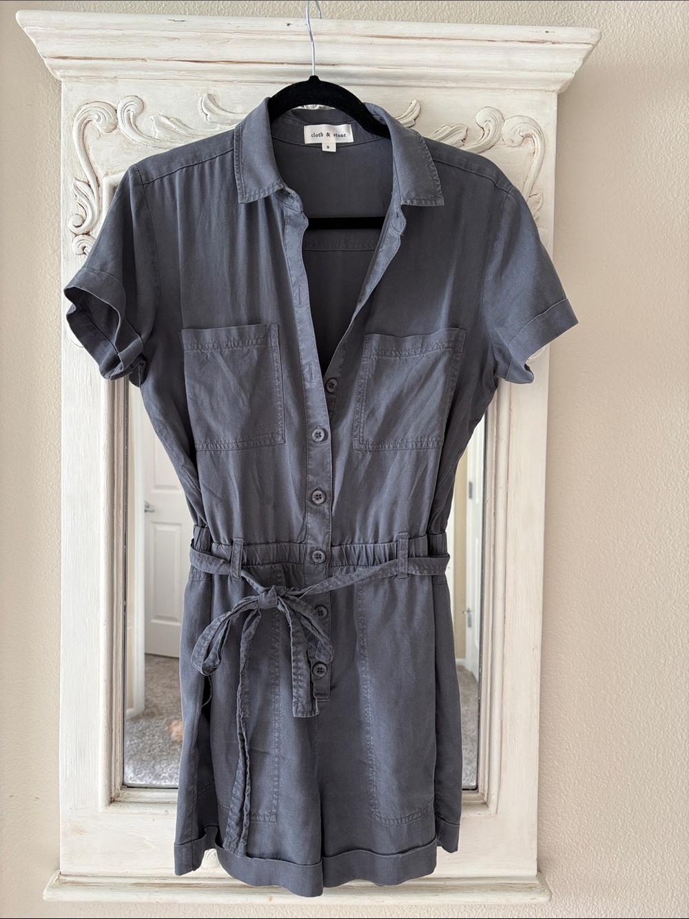 Slate Gray Button-Front Short Sleeve Romper